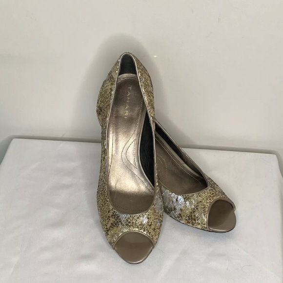 4/$35 Tahari Gold Silver Sequin Peep Toe Marie - Picture 2 of 8
